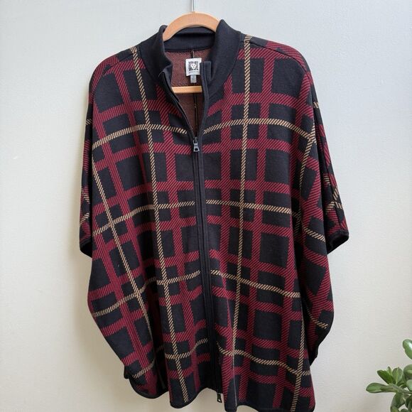 Anne Klein Women's Size M Poncho Sweater Red Black Cotton Blend - Picture 2 of 7